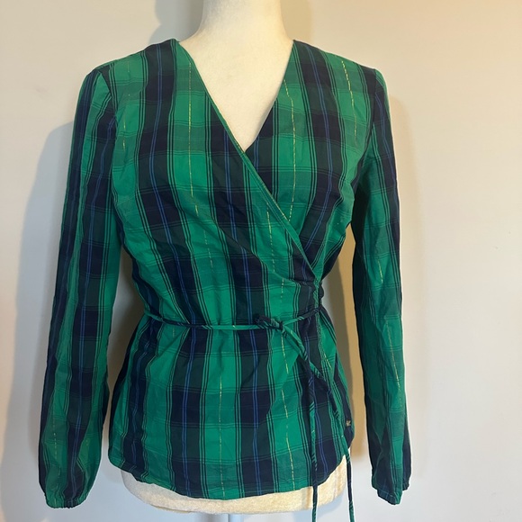 Southern Tide Tie Front Women's Marlena Top Shirt Blue Green Plaid S - Picture 2 of 5